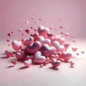 A group of pink hearts of different sizes, floating and falling in a soft pink background. A high-quality AI-generated photo.