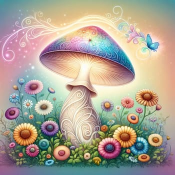 A colorful, detailed mushroom with swirls, growing in a field of flowers with a butterfly. A high-quality AI-generated photo.