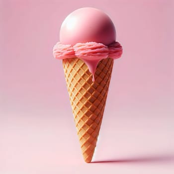 A pink ice cream cone with a scoop of pink ice cream melting on a pink background. A high-quality AI-generated photo.