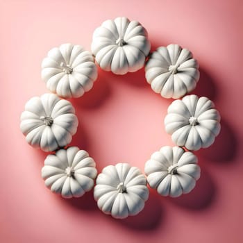 A circle of white pumpkins on a pink background. A high-quality AI-generated photo.