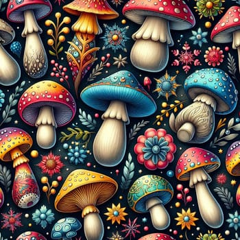 A seamless pattern of colorful mushrooms, flowers, and snowflakes on a dark background. A high-quality AI-generated photo.