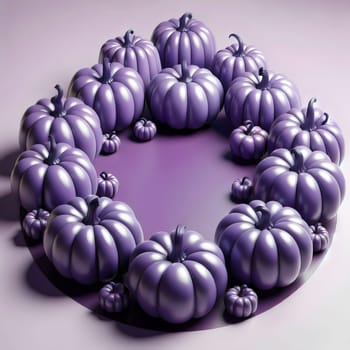 A circle of purple pumpkins of various sizes on a purple background. A high-quality AI-generated photo.