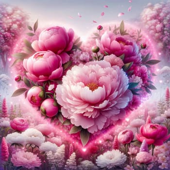 A heart-shaped cluster of pink peonies with a sparkling glow. A high-quality AI-generated photo.