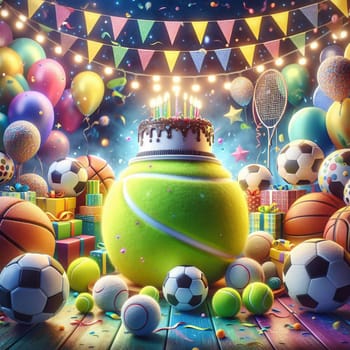 A birthday cake sitting on a giant tennis ball, surrounded by sports balls, balloons, and gifts. A high-quality AI-generated photo.