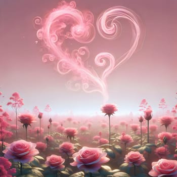 A pink heart-shaped cloud of smoke rising from a field of pink roses. A high-quality AI-generated photo.