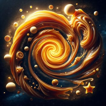 A swirl of caramel sauce forming a spiral shape with a glowing center, against a dark background with stars. A high-quality AI-generated photo.