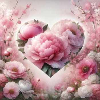 A heart-shaped frame with pink peonies in a field of pink flowers. A high-quality AI-generated photo.
