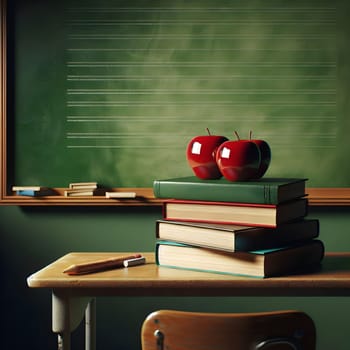 A stack of books with two red apples on top, on a school desk in front of a chalkboard. A high-quality AI-generated photo.