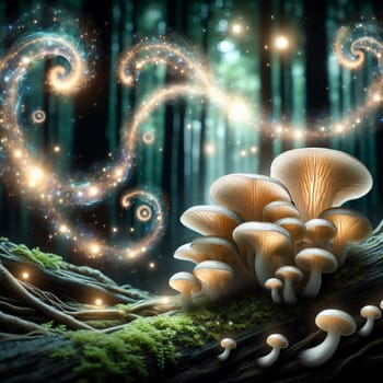 A group of white mushrooms with glowing lights, in a dark forest with swirling lights. A high-quality AI-generated photo.