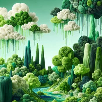 A green forest made of yarn, with a river running through it. A high-quality AI-generated photo.