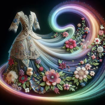 A gown made of flowers with a rainbow trail behind it, against a dark, starry background. A high-quality AI-generated photo.