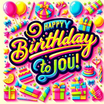 A colorful birthday greeting with a colorful background of balloons, gifts, and sweets. A high-quality AI-generated photo.