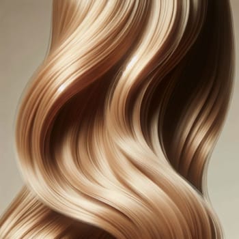 A close-up of a long, flowing strand of blonde hair. The hair is styled in soft, elegant waves, with a shimmering sheen. A high-quality AI-generated photo.