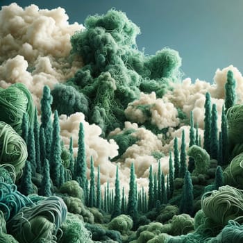 An abstract landscape made of green and white yarn, resembling a forest with towering trees and swirling clouds. A high-quality AI-generated photo.