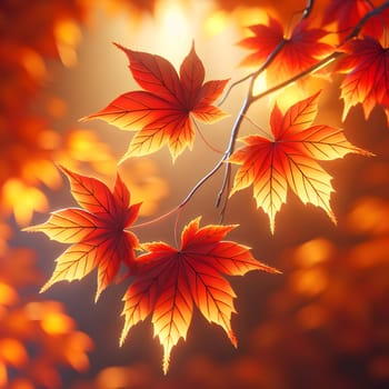 A close-up of a branch with red maple leaves against a blurred background of sunlight. A high-quality AI-generated photo.