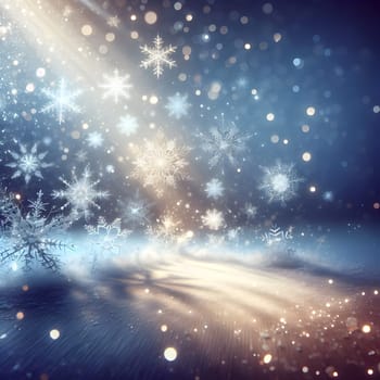 A snowy landscape with snowflakes falling and a beam of light shining down. A high-quality AI-generated photo.