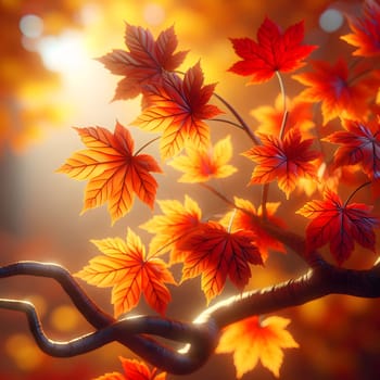 A close-up of a branch with bright orange and red maple leaves, illuminated by warm sunlight. A high-quality AI-generated photo.