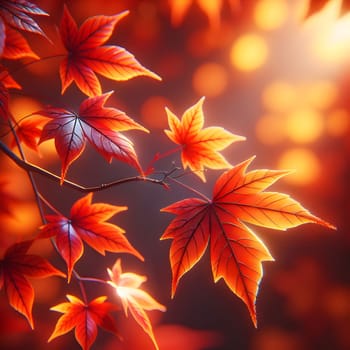 A close-up of a branch of red maple leaves with light shining through. A high-quality AI-generated photo.