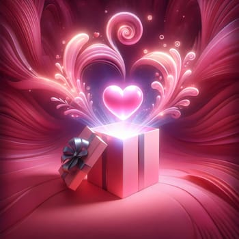 A pink gift box with a ribbon, opened to reveal a glowing pink heart surrounded by swirling, ethereal light. A high-quality AI-generated photo.