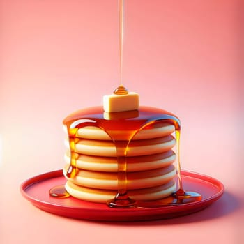 A stack of golden pancakes drizzled with maple syrup and topped with a pat of butter. The pancakes are on a red plate against a pink background. A high-quality AI-generated photo.
