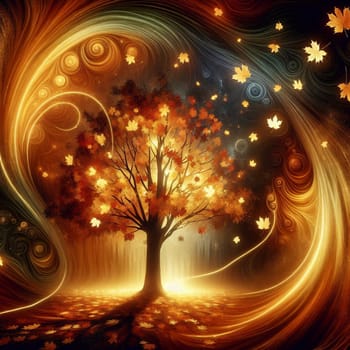An abstract painting of a tree with orange leaves, surrounded by swirling, colorful energy, creating a sense of movement and magic. A high-quality AI-generated photo.