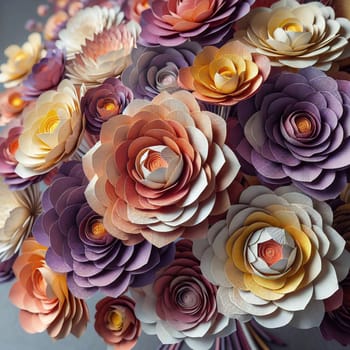 A close-up of a bouquet of paper flowers in various shades of purple, pink, orange, and yellow. The flowers are crafted with intricate details. A high-quality AI-generated photo.