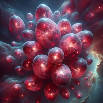 A cluster of red orbs with glowing centers, surrounded by swirling clouds and stars. A high-quality AI-generated photo.