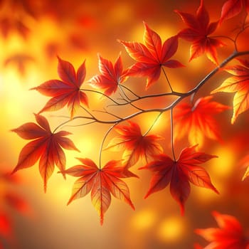 A close-up of a branch with bright orange and red maple leaves, illuminated by warm sunlight. A high-quality AI-generated photo.