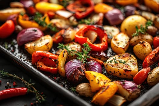 a rustic baking sheet filled with freshly roasted vegetables, including colorful peppers, onions, potatoes, zucchini and whole garlic cloves. Ai generative.