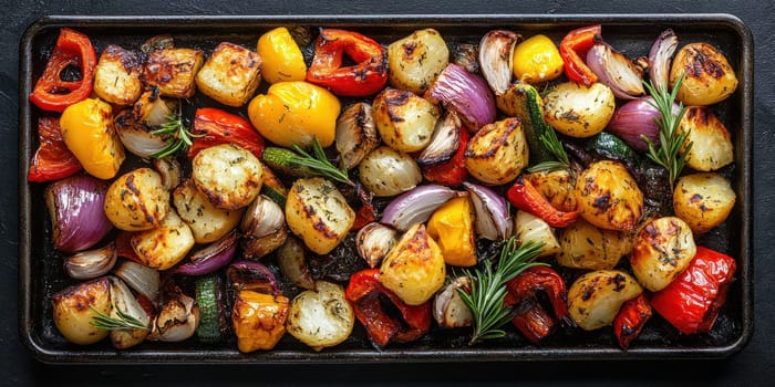 a rustic baking sheet filled with freshly roasted vegetables, including colorful peppers, onions, potatoes, zucchini and whole garlic cloves. Ai generative.