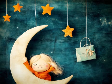 The image of the cute girl sleeping on the moon with stars suspended by thin threads . AI generative.