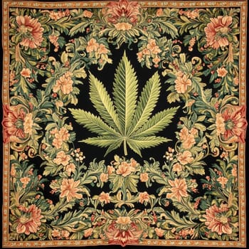 Victorian tapestry design featuring a central cannabis leaf surrounded by ornate floral patterns . AI generative.