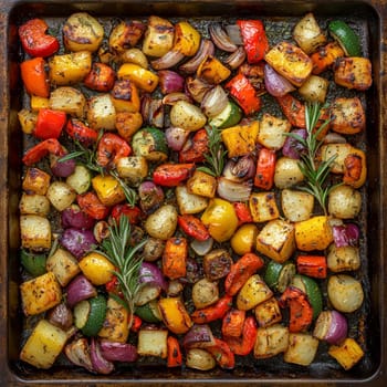 a rustic baking sheet filled with freshly roasted vegetables, including colorful peppers, onions, potatoes, zucchini and whole garlic cloves. Ai generative.