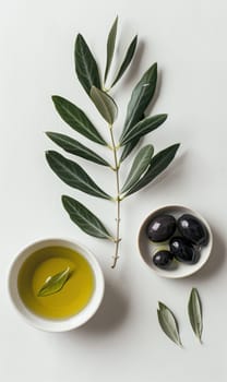 Olive oil, olives and olive branches. AI generative.