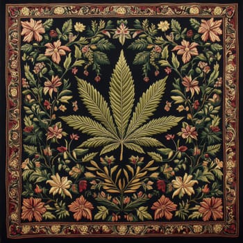 Victorian tapestry design featuring a central cannabis leaf surrounded by ornate floral patterns . AI generative.