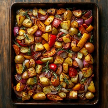 a rustic baking sheet filled with freshly roasted vegetables, including colorful peppers, onions, potatoes, zucchini and whole garlic cloves. Ai generative.