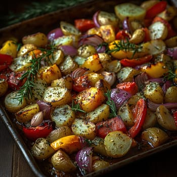 a rustic baking sheet filled with freshly roasted vegetables, including colorful peppers, onions, potatoes, zucchini and whole garlic cloves. Ai generative.