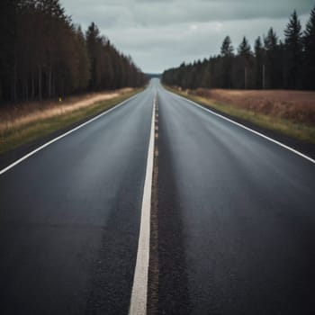 A long, empty road stretches ahead, bordered by tall trees on one side and open fields on the other. The sky is overcast, giving a moody atmosphere to the journey ahead.