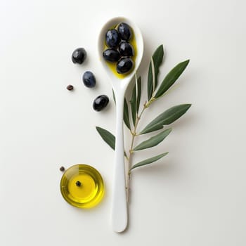 Olive oil, olives and olive branches. AI generative.