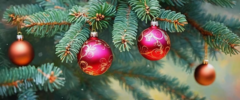 Colorful Christmas decorations adorn the branches of a spruce tree, vibrant balls in shades of red, gold, and pink, embodying holiday cheer in winter. Happy New Year art background. Generative AI.
