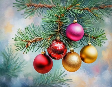 Colorful Christmas decorations adorn the branches of a spruce tree, vibrant balls in shades of red, gold, and pink, embodying holiday cheer in winter. Happy New Year art background. Generative AI.