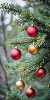 Colorful Christmas decorations adorn the branches of a spruce tree, vibrant balls in shades of red, gold, and pink, embodying holiday cheer in winter. Happy New Year art background. Generative AI.