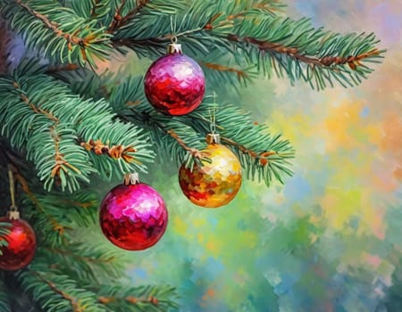 Colorful Christmas decorations adorn the branches of a spruce tree, vibrant balls in shades of red, gold, and pink, embodying holiday cheer in winter. Happy New Year art background. Generative AI.
