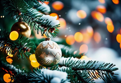 Sparkling ornament golden balls in vibrant hang from a lush spruce tree branch. Soft, warm lights twinkle enhancing festive spirit of Christmas. Happy New Year. Anamorphic bokeh. Generative AI.