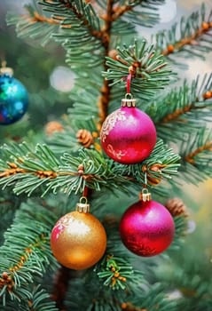 Colorful Christmas decorations adorn the branches of a spruce tree, vibrant balls in shades of red, gold, and pink, embodying holiday cheer in winter. Happy New Year art background. Generative AI.