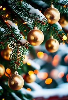 Sparkling ornament golden balls in vibrant hang from a lush spruce tree branch. Soft, warm lights twinkle enhancing festive spirit of Christmas. Happy New Year. Anamorphic bokeh. Generative AI.