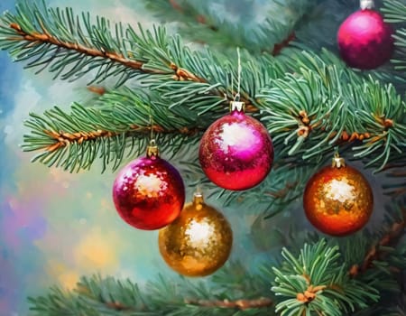 Colorful Christmas decorations adorn the branches of a spruce tree, vibrant balls in shades of red, gold, and pink, embodying holiday cheer in winter. Happy New Year art background. Generative AI.
