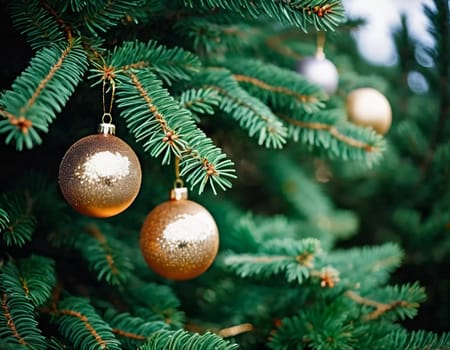 Sparkling ornament golden balls in vibrant hang from a lush spruce tree branch. Soft, warm lights twinkle enhancing festive spirit of Christmas. Happy New Year. Anamorphic bokeh. Generative AI.