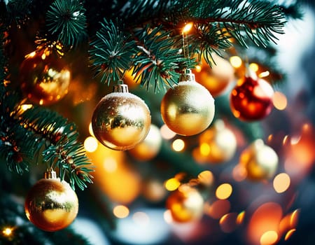 Sparkling ornament golden balls in vibrant hang from a lush spruce tree branch. Soft, warm lights twinkle enhancing festive spirit of Christmas. Happy New Year. Anamorphic bokeh. Generative AI.
