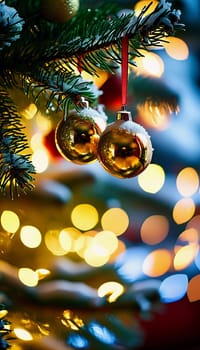 Sparkling ornament golden balls in vibrant hang from a lush spruce tree branch. Soft, warm lights twinkle enhancing festive spirit of Christmas. Happy New Year. Anamorphic bokeh. Generative AI.